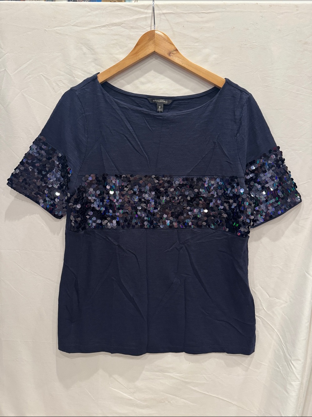 Banana Republic Navy Short Sleeve Cotton Tee with Sequins Size M
